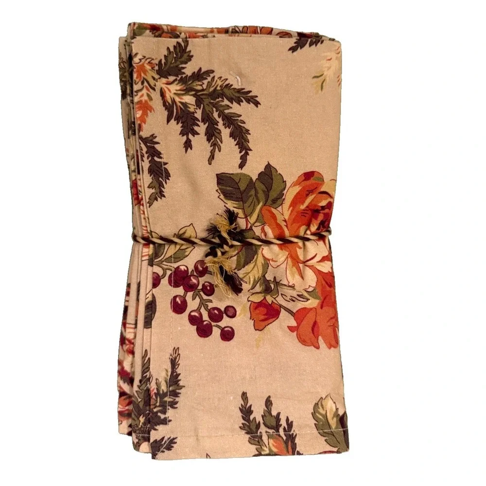 April Cornell Bountiful Harvest Brown Floral French Country Cloth Napkin Set 12